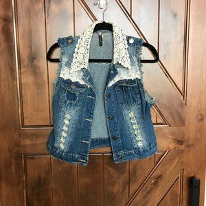 Lace Distressed Denim Vest